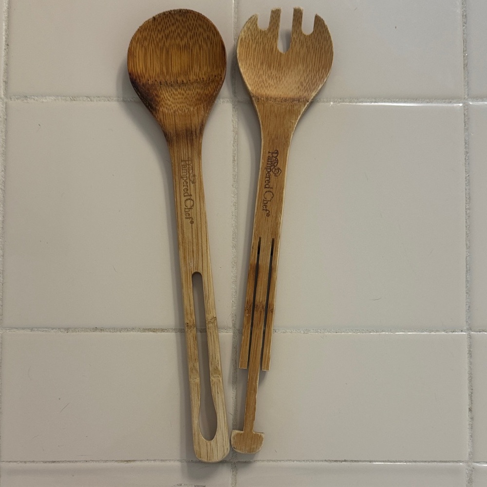 Pampered Chef Natural Bamboo Utensil Set for Salad